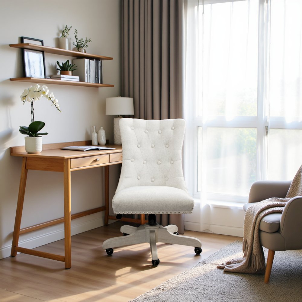 Brown Upholstered Swivel Chair – Armless Desk Chair for Office Work
