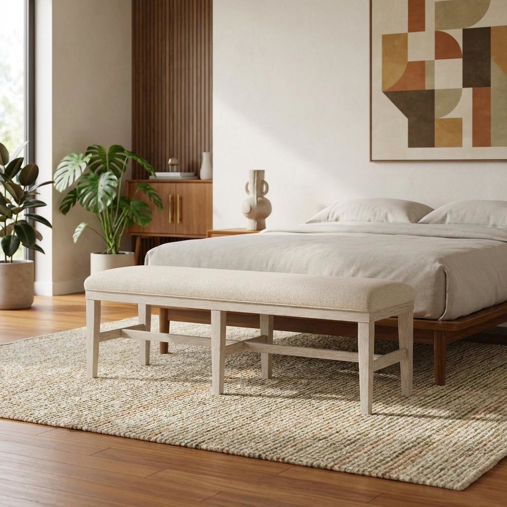 Beige Upholstered Dining Bench – Wood Bed Bench for Bedroom or Hallway