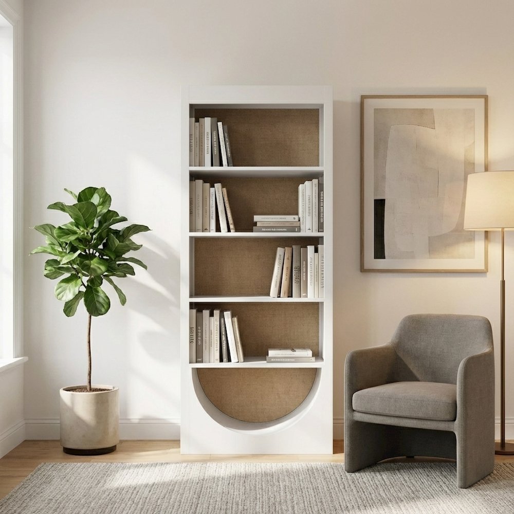 White Bookcase, Pine Veneers, Rattan Back, 4 Adjustable Shelves, Tip Restraint
