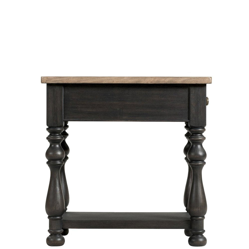 Brown End Table, Poplar Ash Veneer, Storage Drawer, Fixed Shelf, Decorative Top