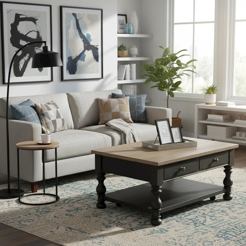 Brown Rectangle Table, Poplar Ash Veneer, 2-Drawer Storage, Lower Shelf, Casters