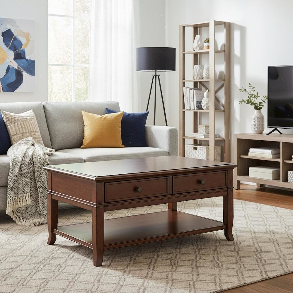 Brown Poplar Cherry Veneer Table, 2-Drawer Storage, Fixed Lower Shelf