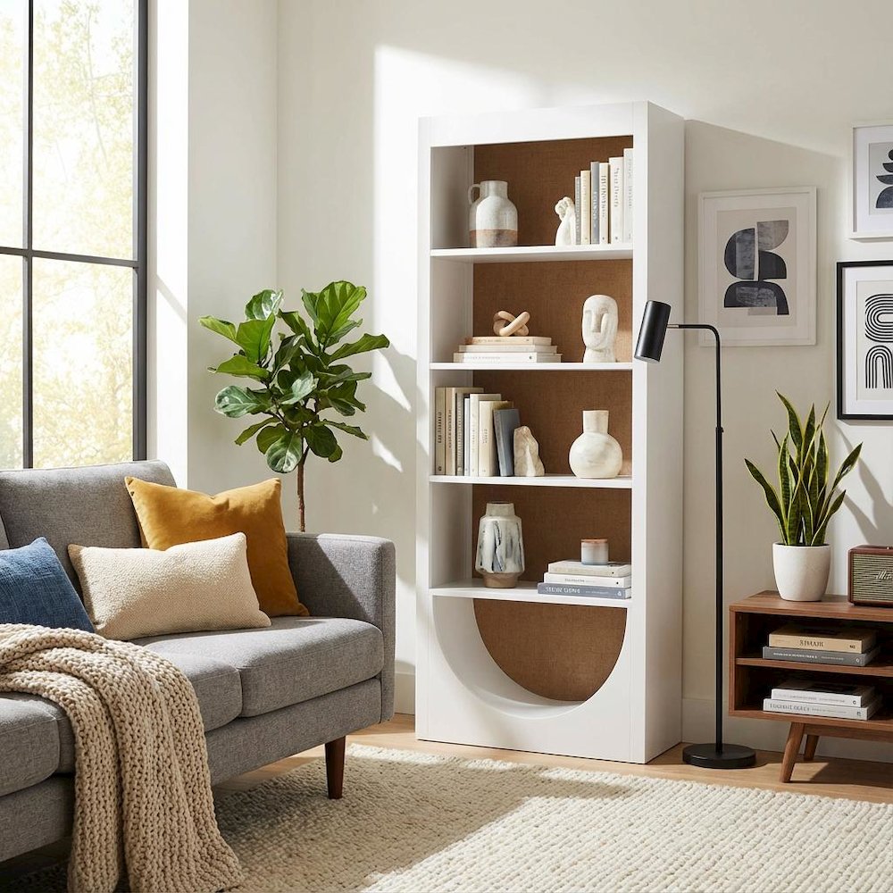 White Bookcase, Pine Veneers, Rattan Back, 4 Adjustable Shelves, Tip Restraint