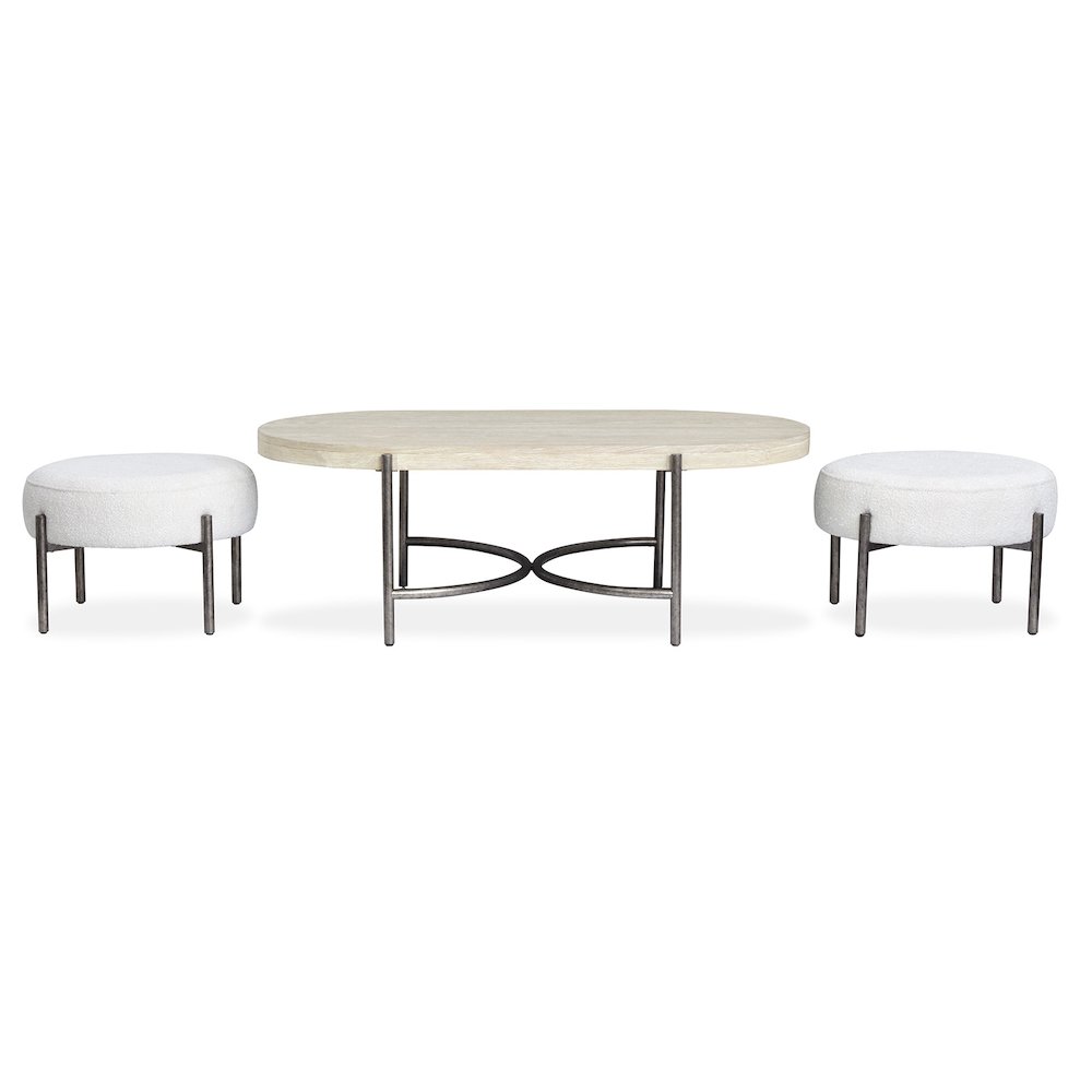 Edgecomb Grey And Weathered Antique Nickel Oval Cocktail Table With 2 Ottomans