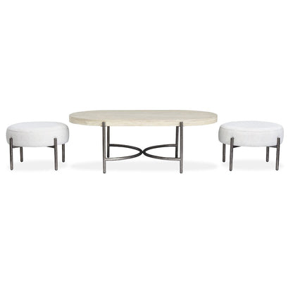 Edgecomb Grey And Weathered Antique Nickel Oval Cocktail Table With 2 Ottomans