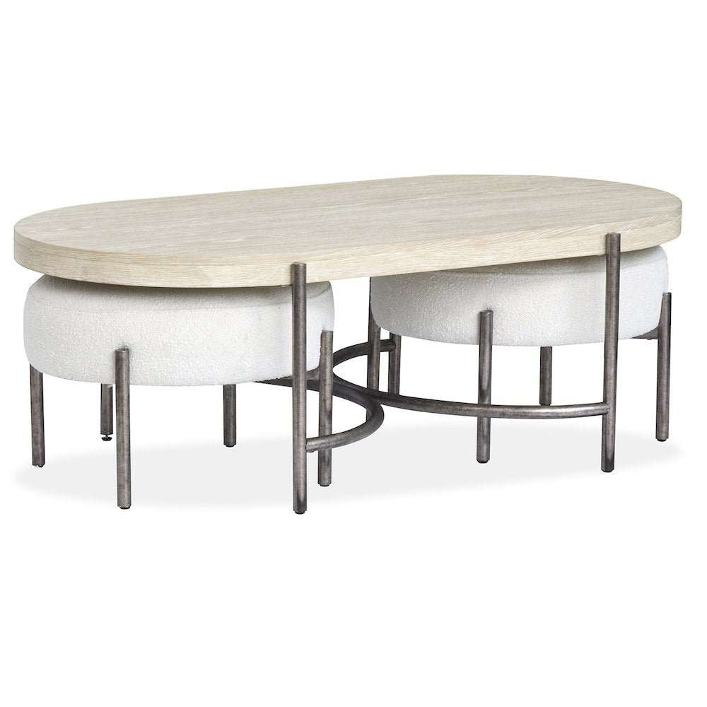 Edgecomb Grey And Weathered Antique Nickel Oval Cocktail Table With 2 Ottomans
