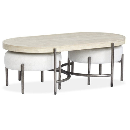 Edgecomb Grey And Weathered Antique Nickel Oval Cocktail Table With 2 Ottomans