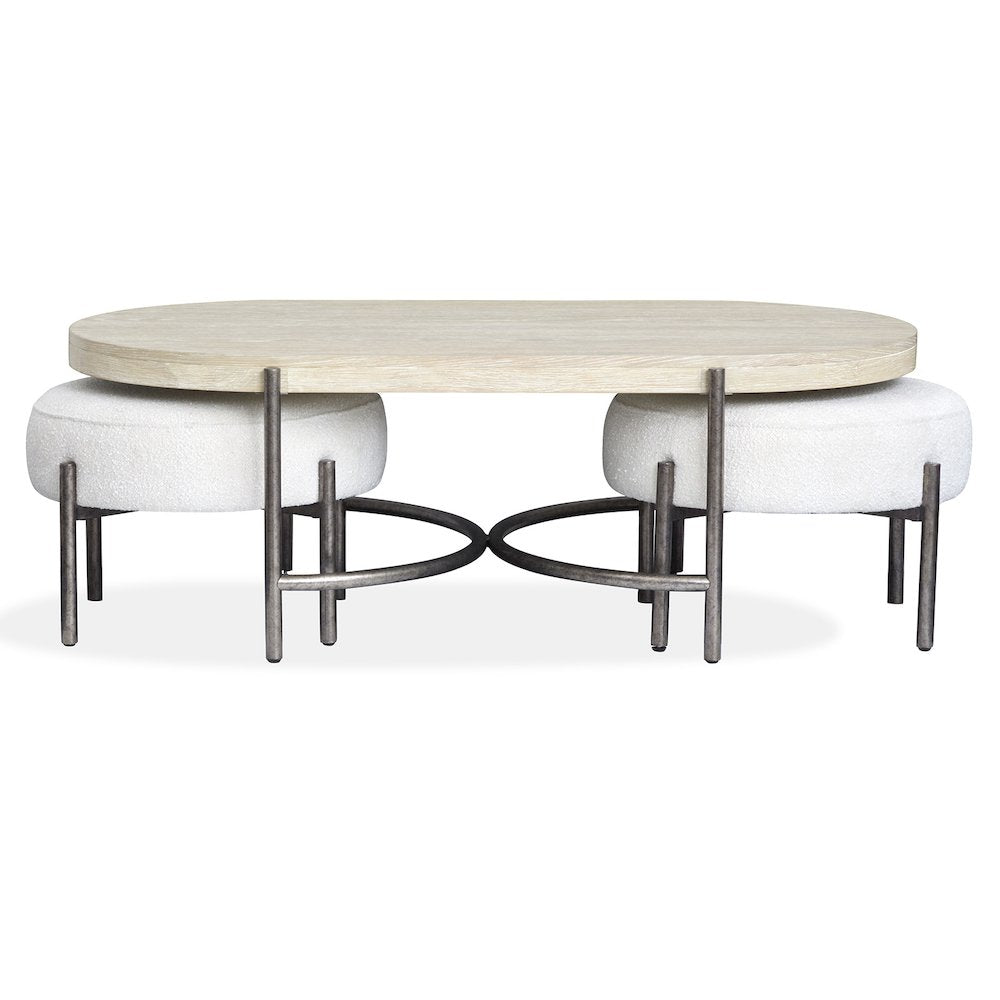 Edgecomb Grey And Weathered Antique Nickel Oval Cocktail Table With 2 Ottomans