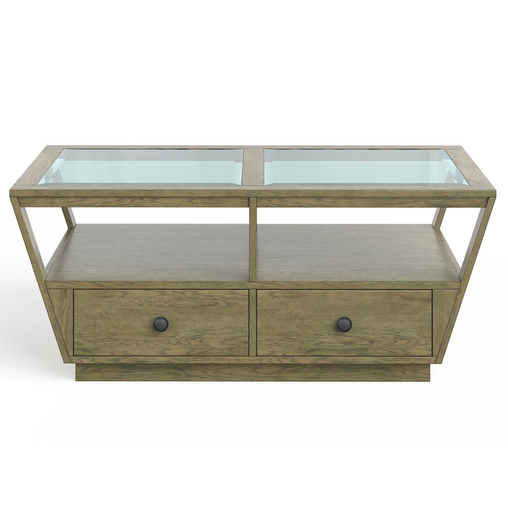 Hardison Warm Stone And Clear Glass Rectangular Cocktail Table With Casters