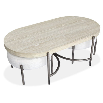 Edgecomb Grey And Weathered Antique Nickel Oval Cocktail Table With 2 Ottomans