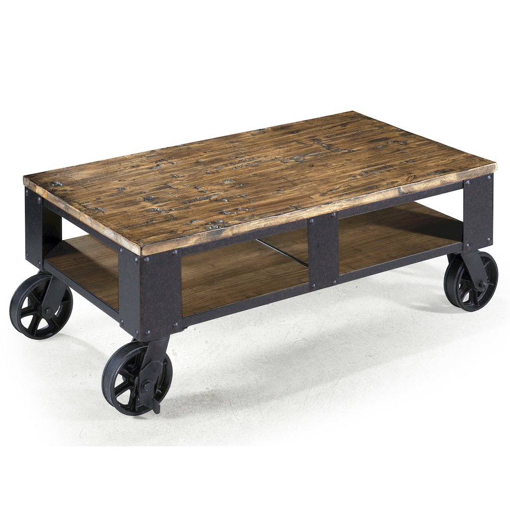 Distressed Natural Pine Rectangular Cocktail Table With 2 Braking Casters