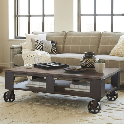 Distressed Natural Pine Rectangular Cocktail Table With 2 Braking Casters