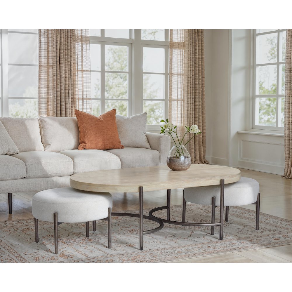 Edgecomb Grey And Weathered Antique Nickel Oval Cocktail Table With 2 Ottomans
