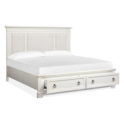 Kingston Whisper White And Cerused Nutmeg Queen Upholstered Panel Storage Bed