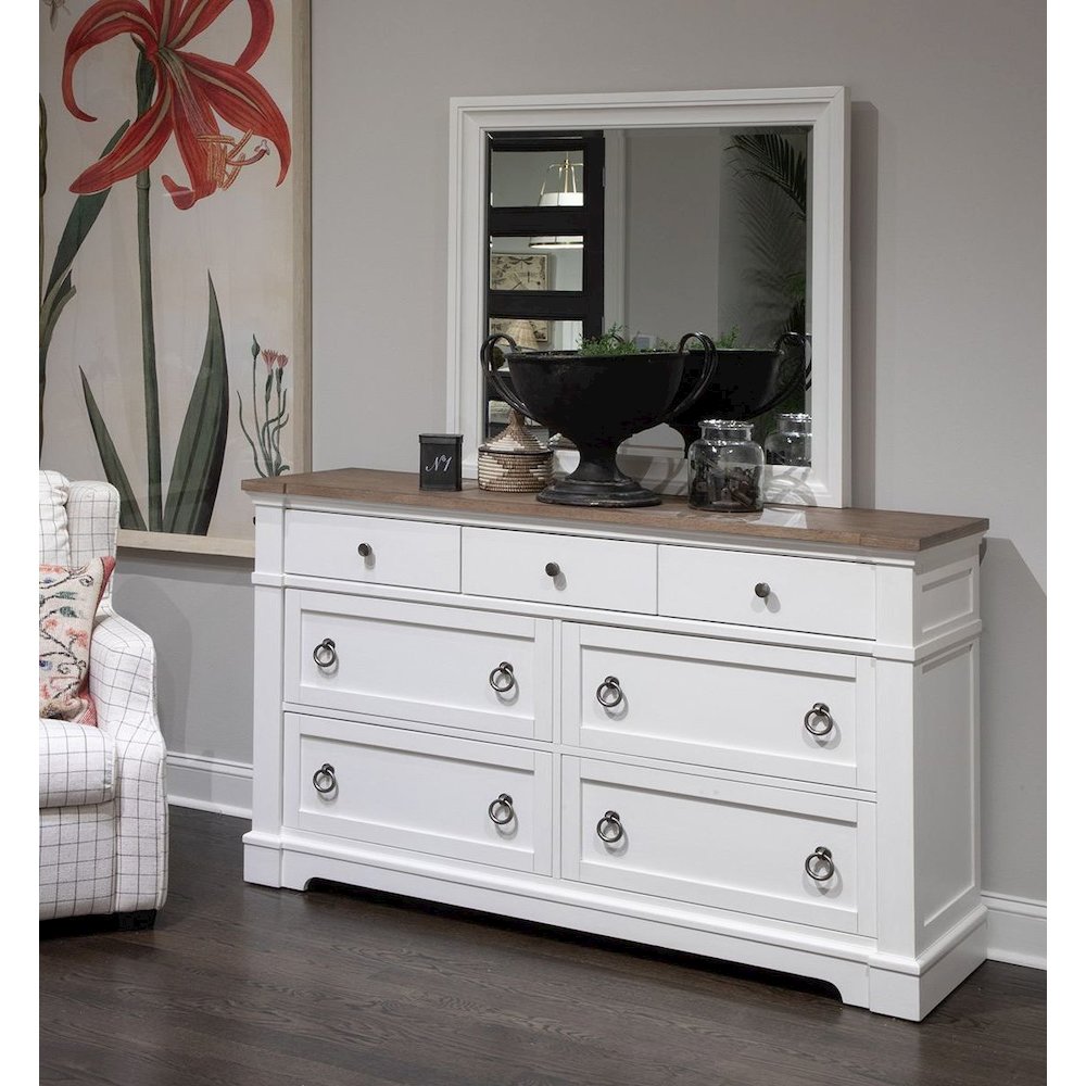 Kingston Whisper White And Cerused Nutmeg Drawer Dresser With Landscape Mirror