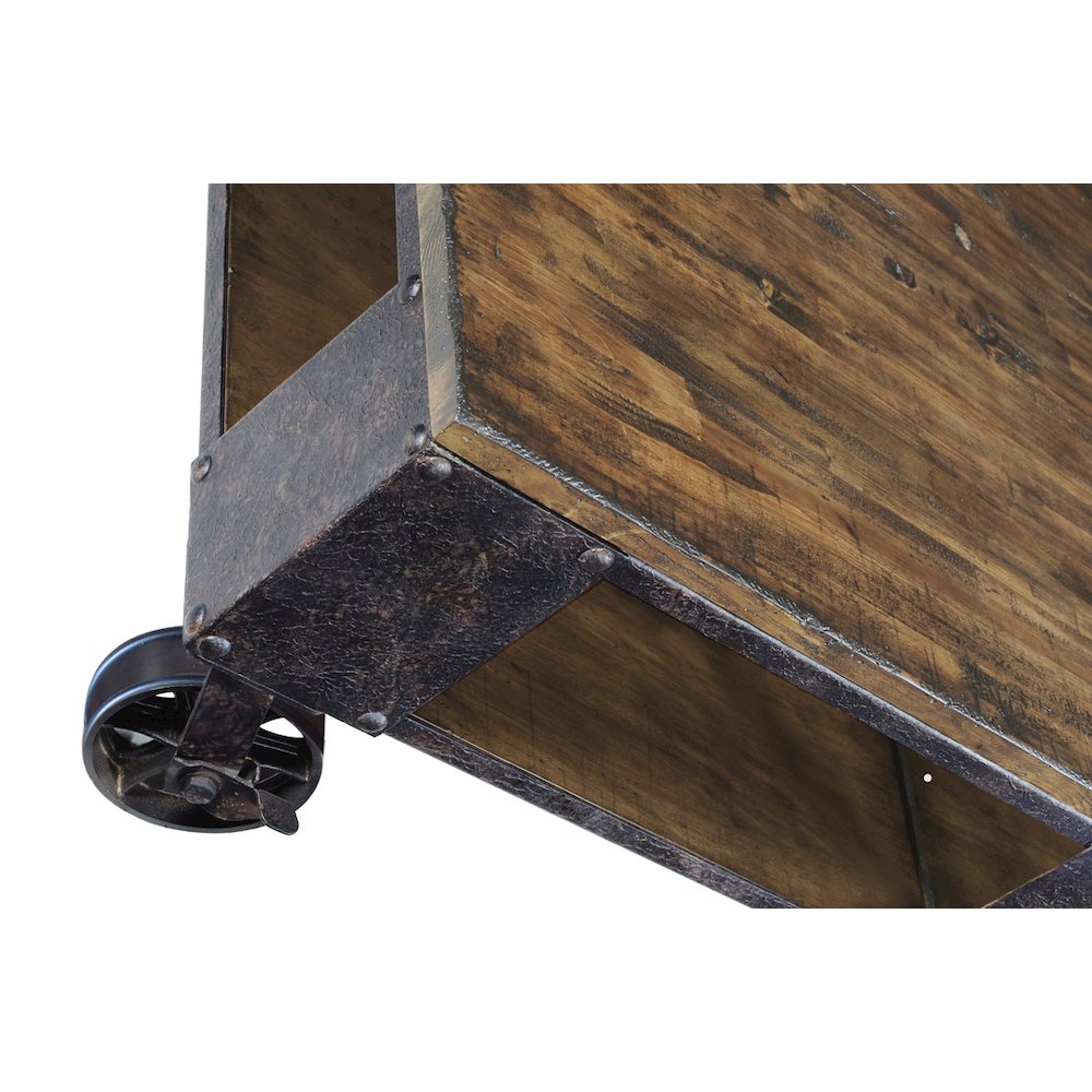 Distressed Natural Pine Rectangular Cocktail Table With 2 Braking Casters