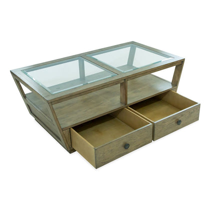 Hardison Warm Stone And Clear Glass Rectangular Cocktail Table With Casters
