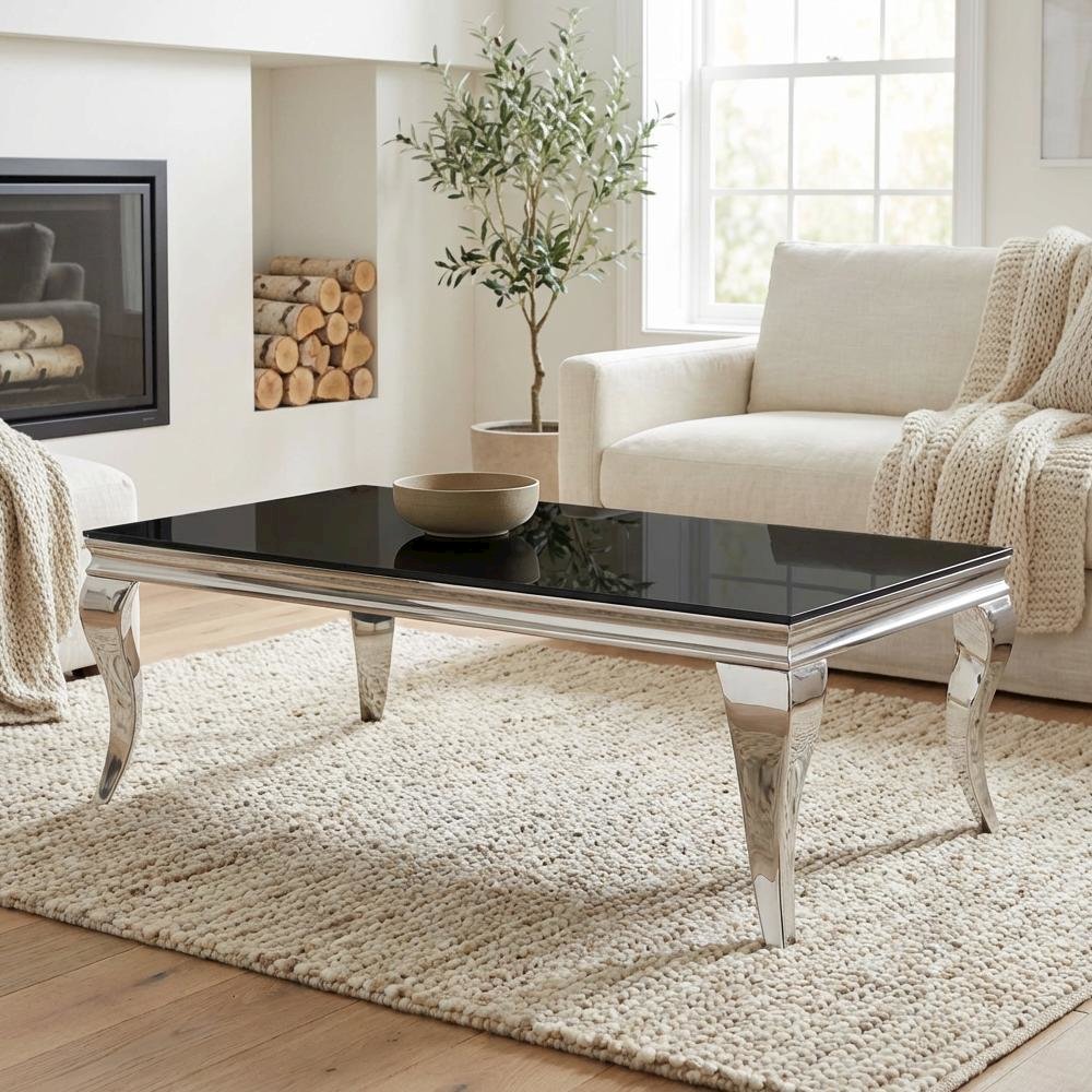 Rectangular Black Glass Top Coffee Table with Chrome Frame and Modern Design