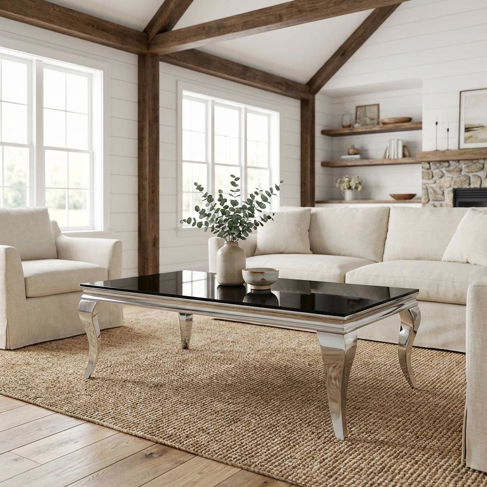 Rectangular Black Glass Top Coffee Table with Chrome Frame and Modern Design