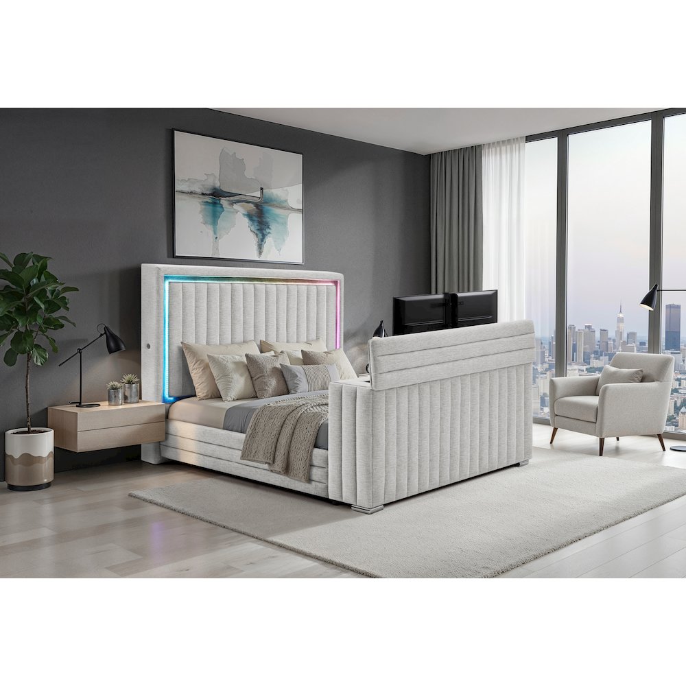 Elias Grey King Bed With Immersive Sound Speaker, Led, Tv Lift & Fp