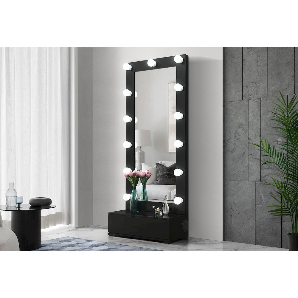 Ella Black Narrow Tall Mirror With Drawer And Speaker