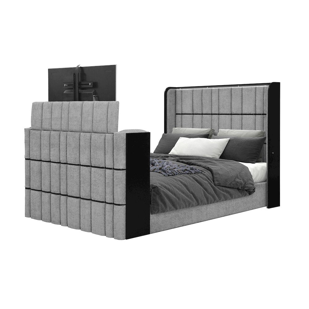 Isabella Grey Queen Bed W/Led, Tv Lift, Speaker And Fireplace