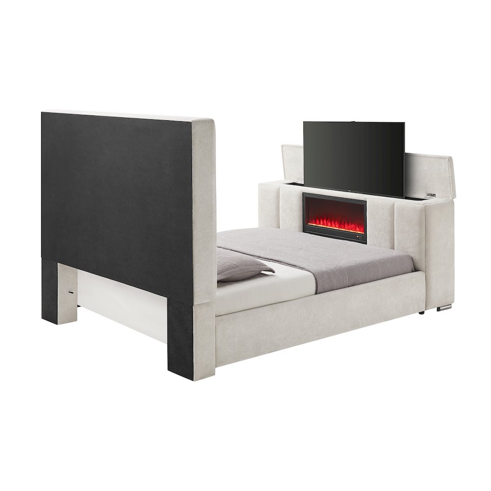 Serenity Crema King Bed With Speaker, Tv Lift And Fireplace