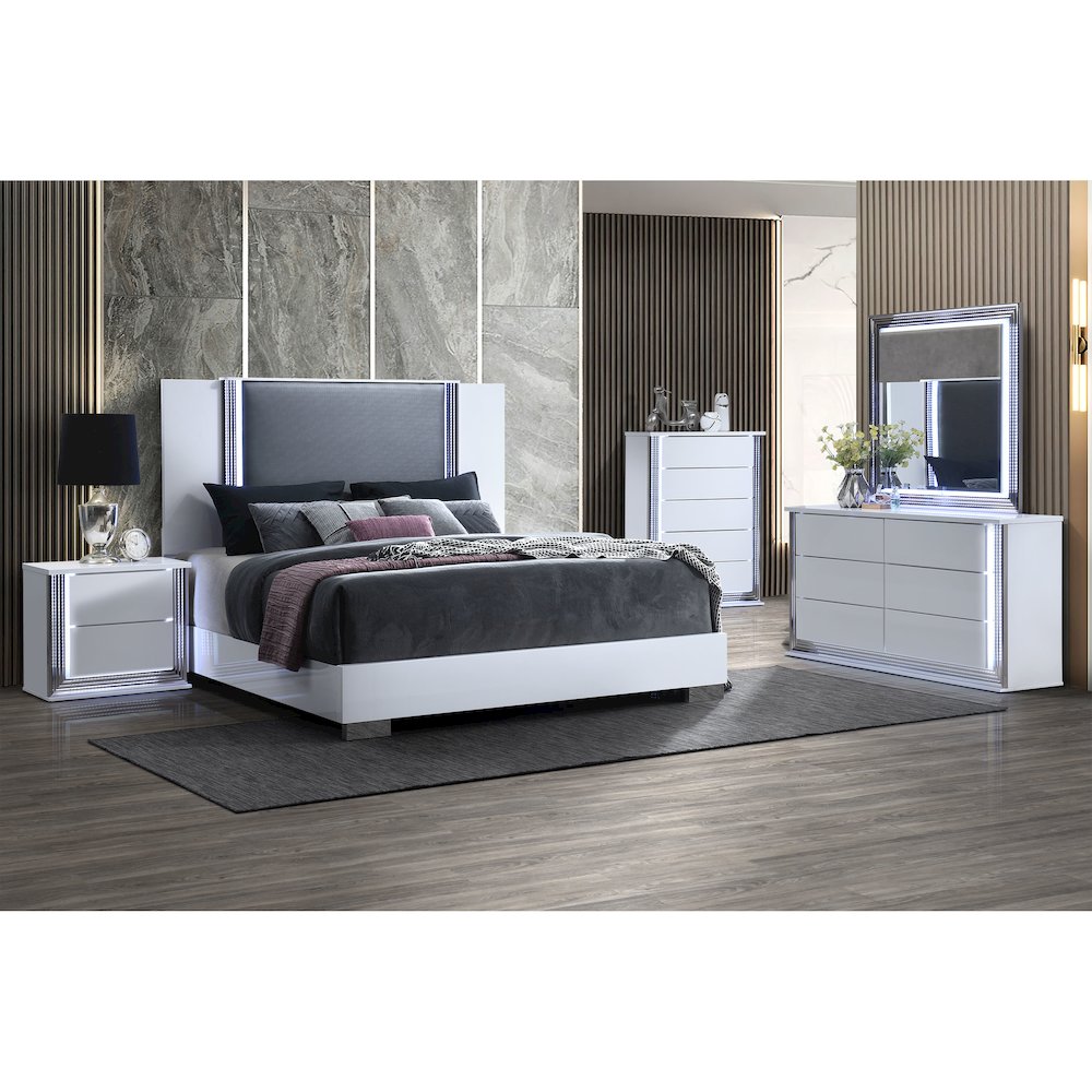 Ylime Smooth White King Bed, Dresser, Mirror, Nightstand