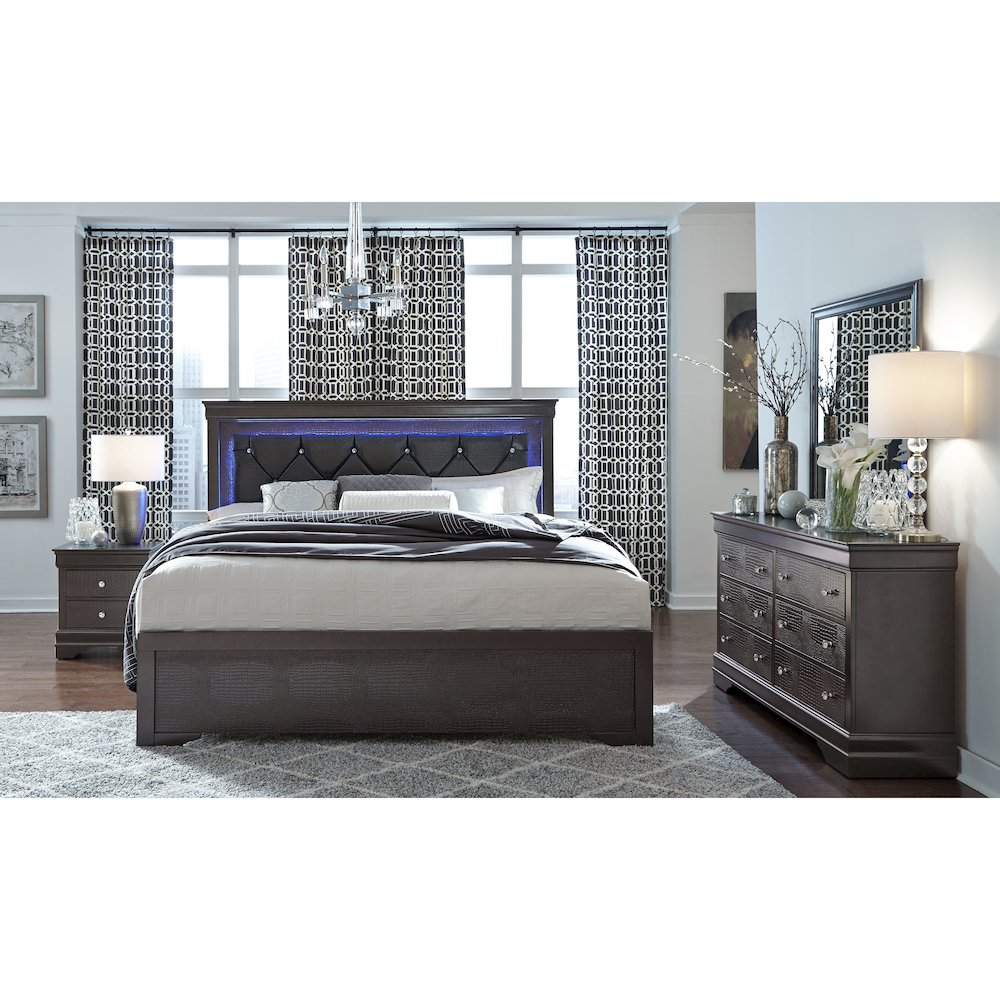 Pompei Metallic Grey Queen Bed, Dresser, Mirror And 2 Nightstands