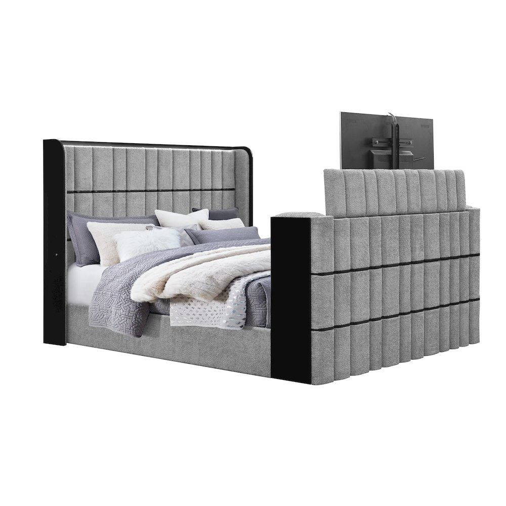 Isabella Grey King Bed W/Led, Tv Lift, Speaker And Fireplace