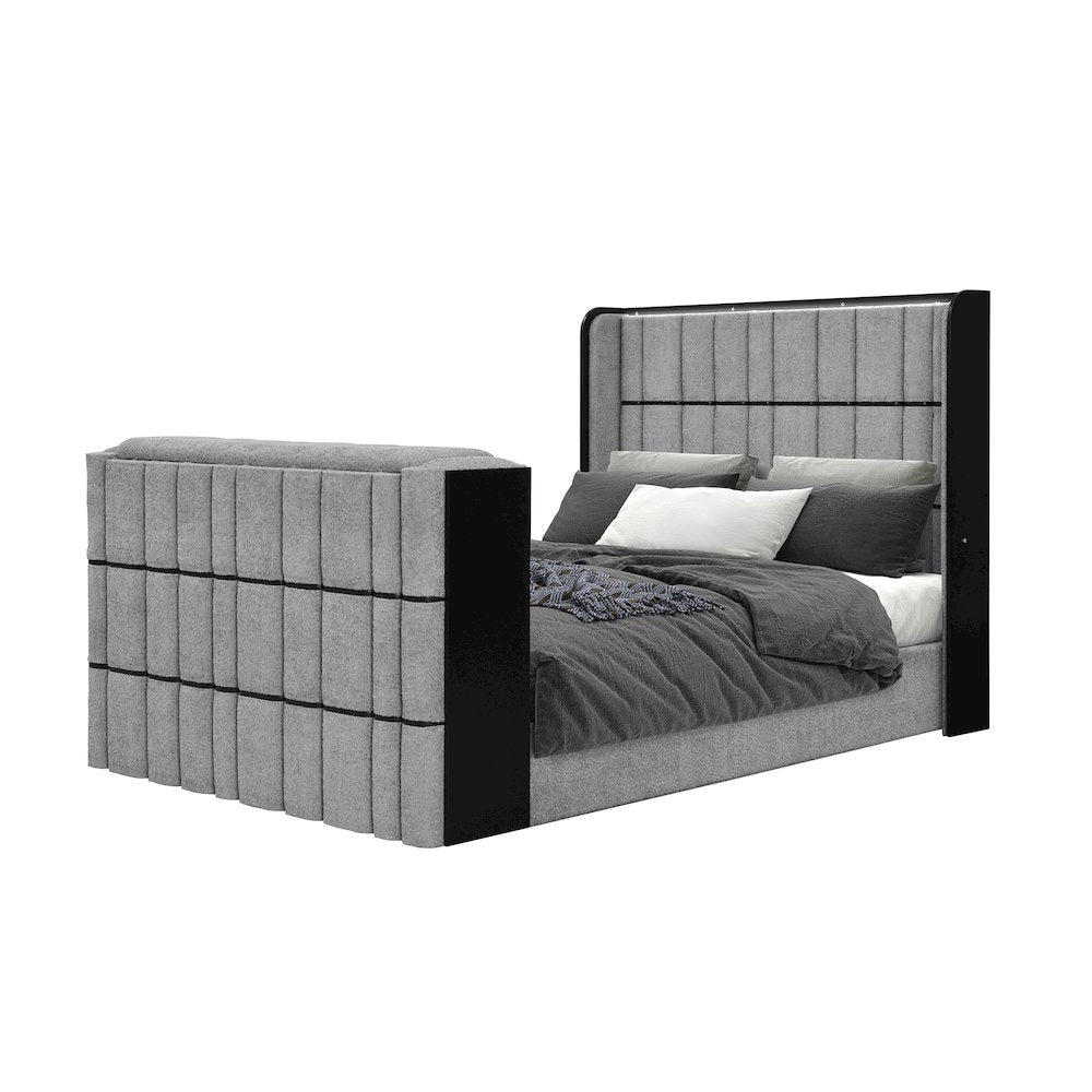 Isabella Grey Queen Bed W/Led, Tv Lift, Speaker And Fireplace