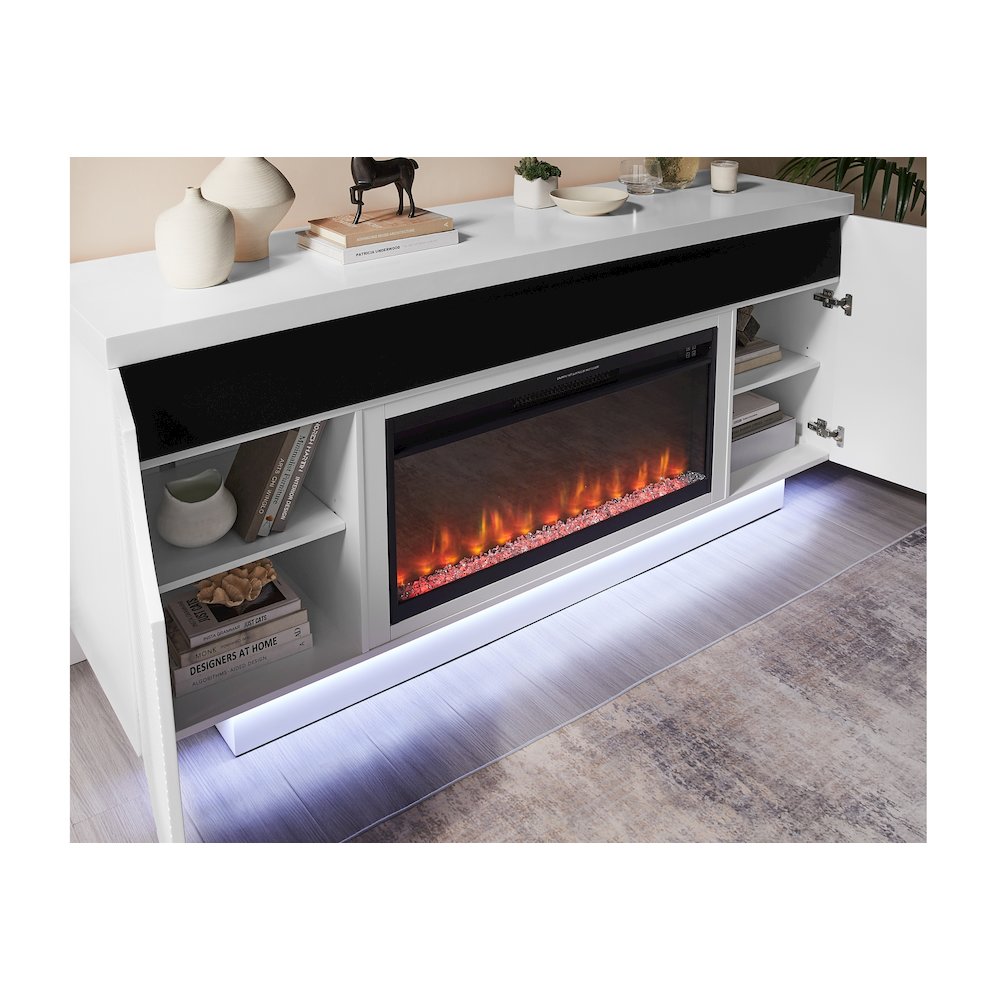 Aileen White 76" Ent Unit W/Led, Speakers, Crystal And Pop-Up Doors