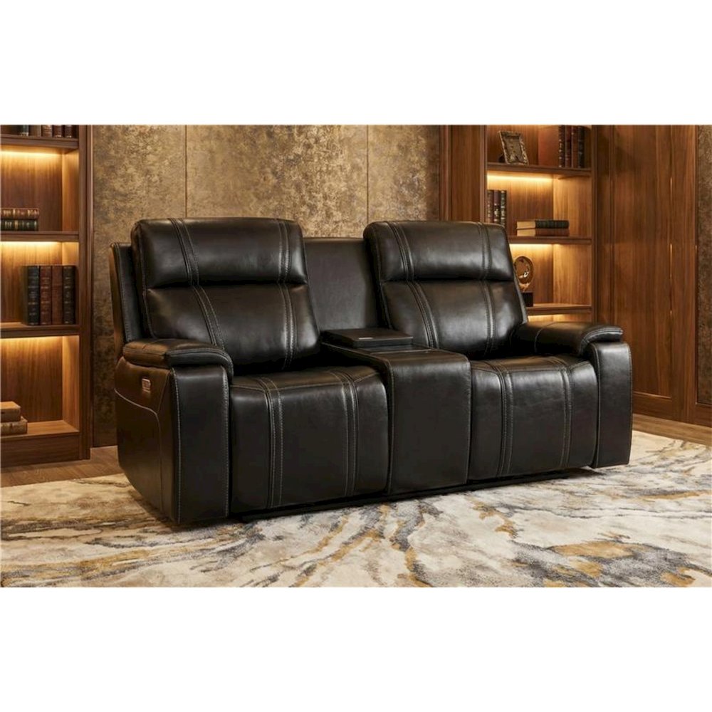 U8880 Black Leather Power Console Reclining Loveseat With Cooler