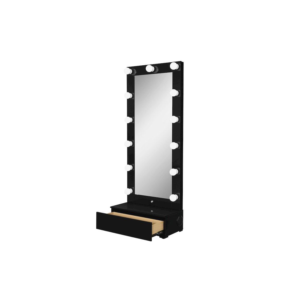 Ella Black Narrow Tall Mirror With Drawer And Speaker