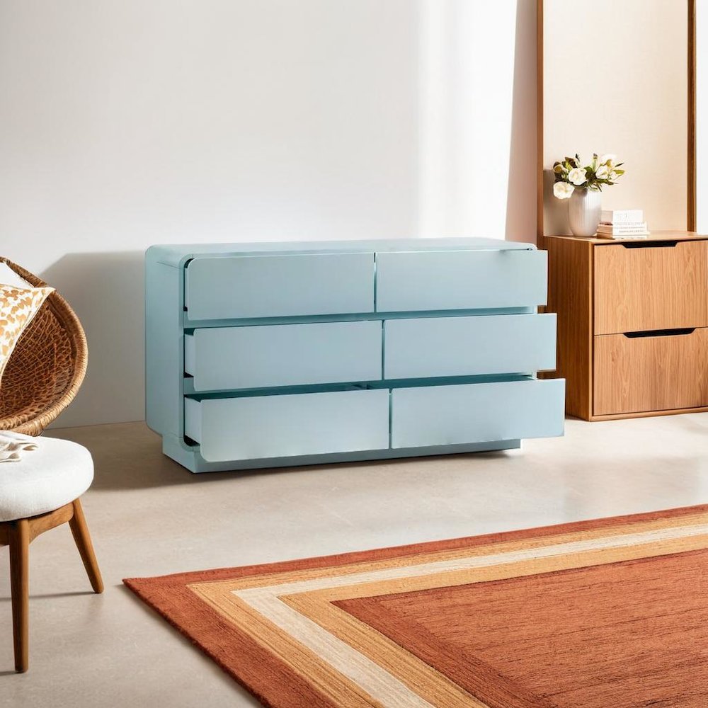 Elegant 6-Drawer Dresser in Blue Acacia with Modern Design for Bedrooms