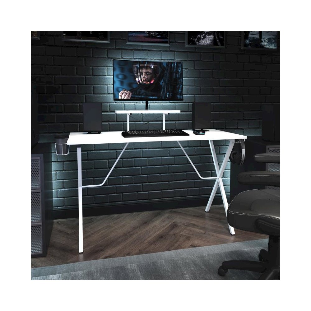 White Gaming Desk with Cup Holder, Headphone Hook, and Monitor/Smartphone Stand