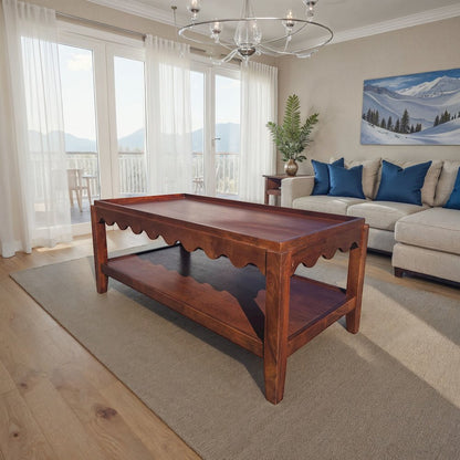 Scallop Coffee Table - Rectangular Mango Wood Side Table - Lower Shelf