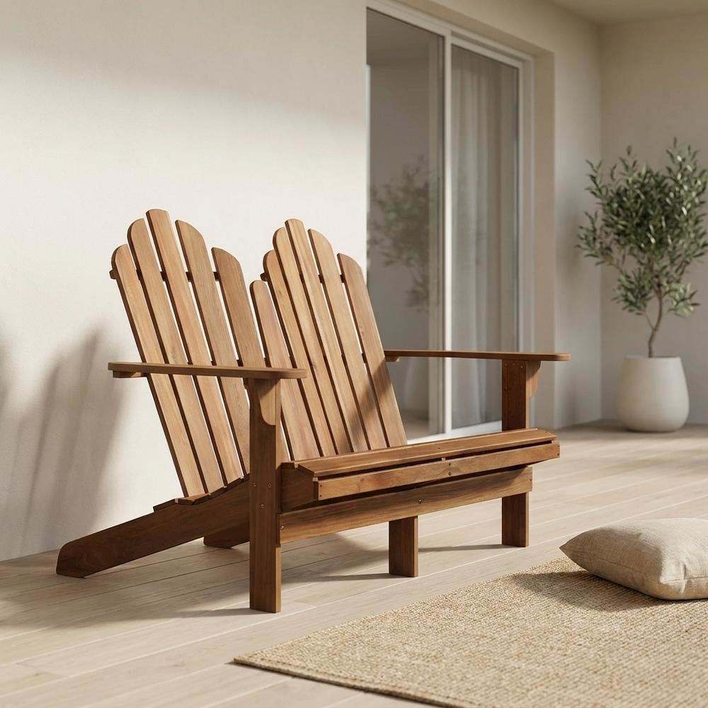 Solid Acacia Wood Adirondack Double Bench with Armrests for Patio, Brown