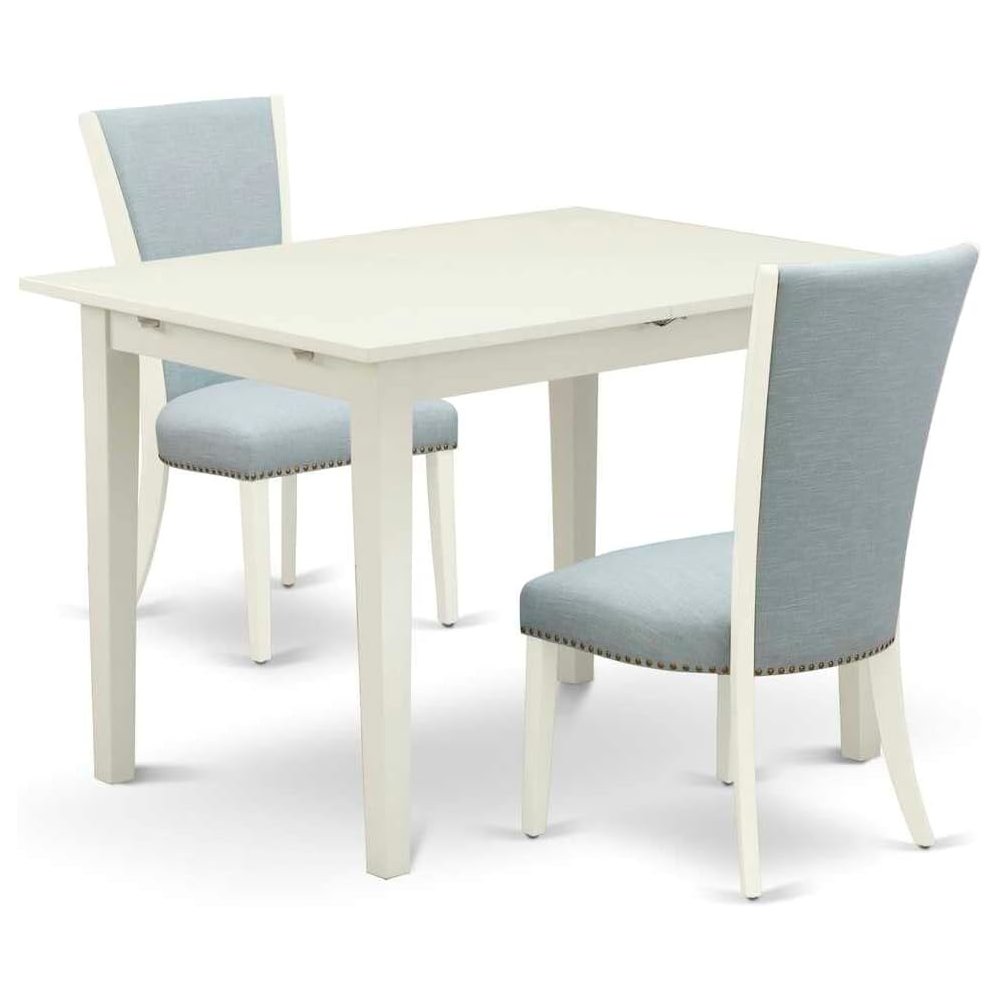 East-West Furniture NFVE3-WHI-15 - A dining room table set of 2 great kitchen dining chairs with Linen Fabric Baby Blue color and a stunning 12" butterfly leaf rectangle kitchen table with Linen White