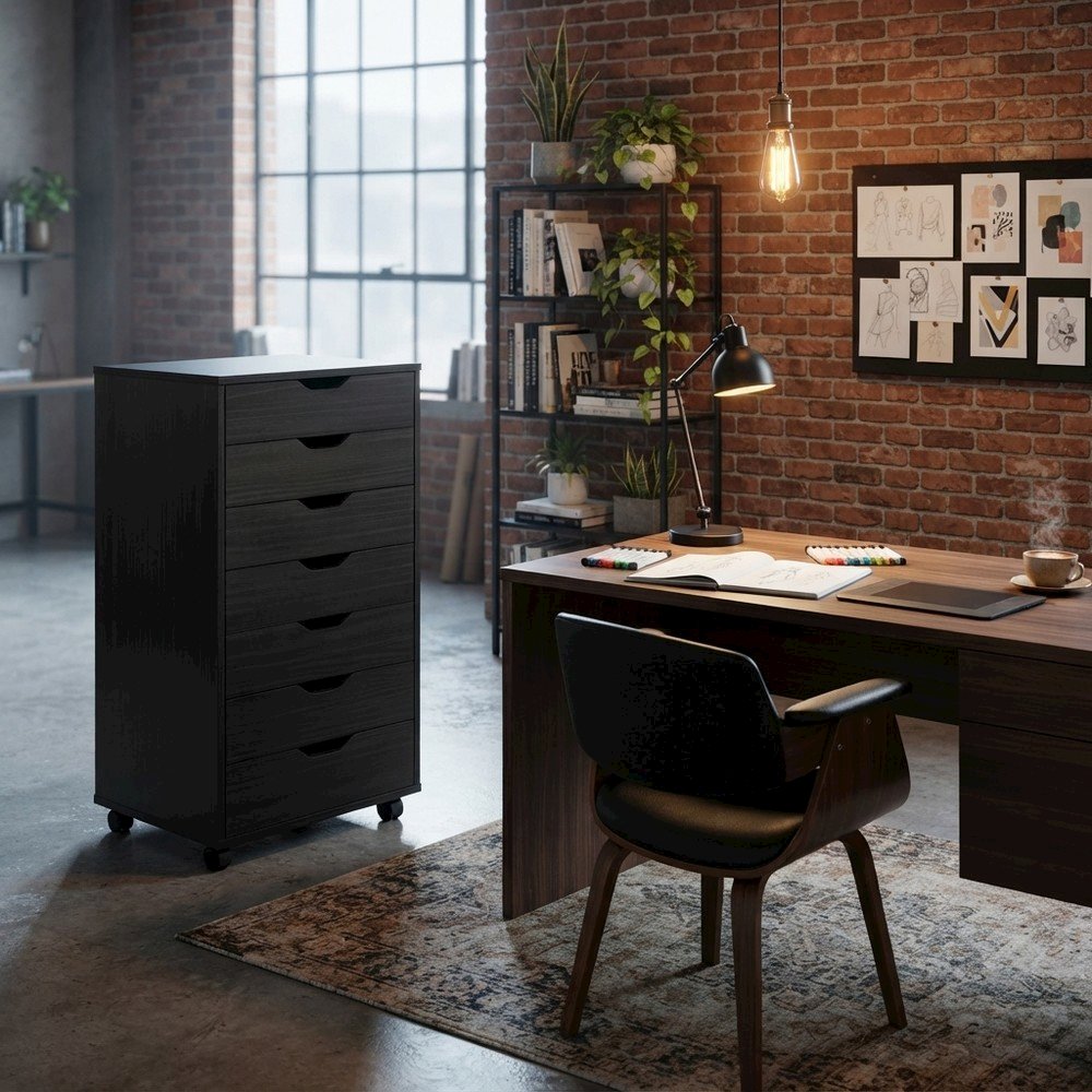 Composite Wood Filing Cabinet with 7 Drawers, Tall Drawer Unit, Black