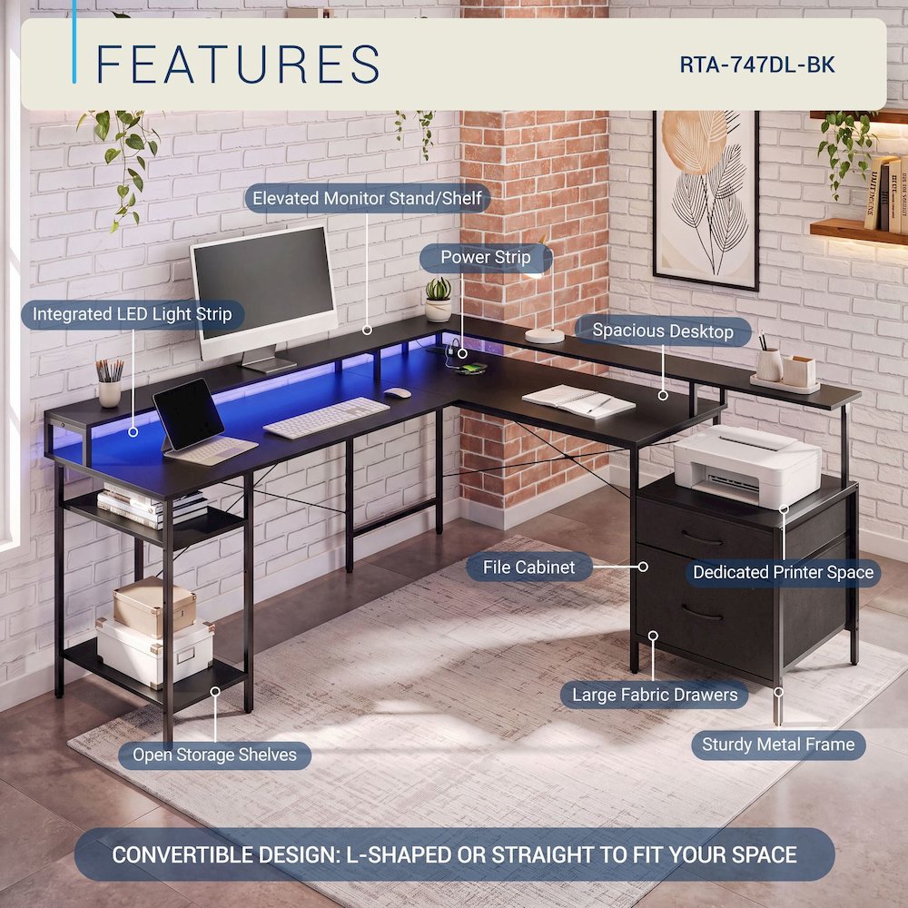 Convertible Straight/L-Shaped Desk, LED Lights & Fabric Drawers, 3 Power Outlets