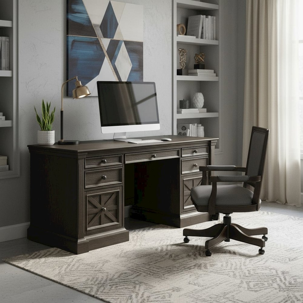 Traditional Credenza, 7 Drawers, 2 Locking Files, Power Center, Dark Brown