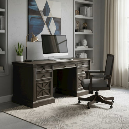 Traditional Credenza, 7 Drawers, 2 Locking Files, Power Center, Dark Brown