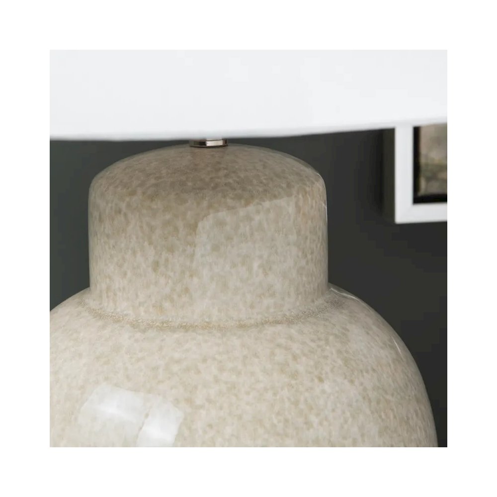 28" Transitional Tan Ceramic Table Lamp with Silver Accents & White Linen Shade