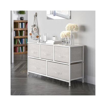 5 Drawer Wood Top White Cast Iron Frame Vertical Storage Dresser with Light Gray Easy Pull Fabric Drawers