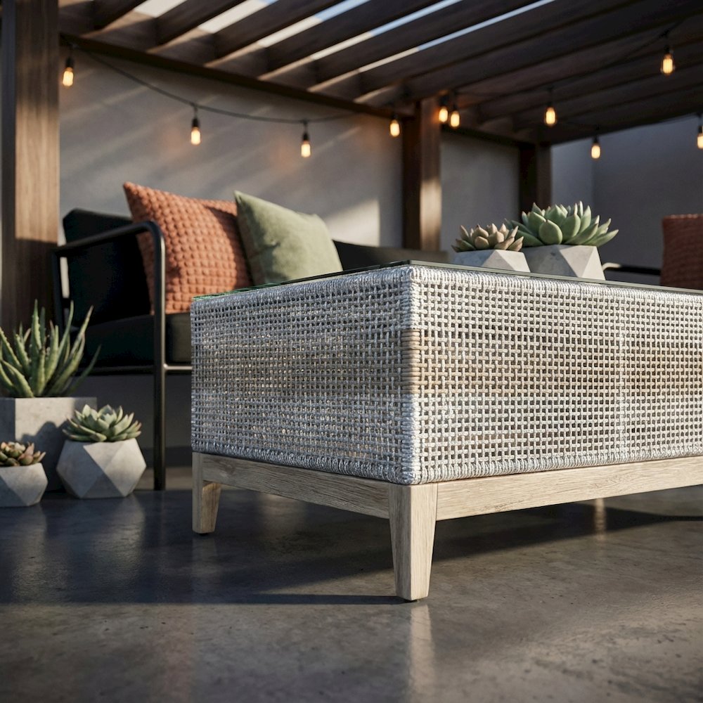 White Transitional Outdoor Coffee Table, Teak Wood Frame, Tempered Glass Surface