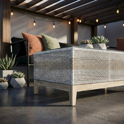 White Transitional Outdoor Coffee Table, Teak Wood Frame, Tempered Glass Surface