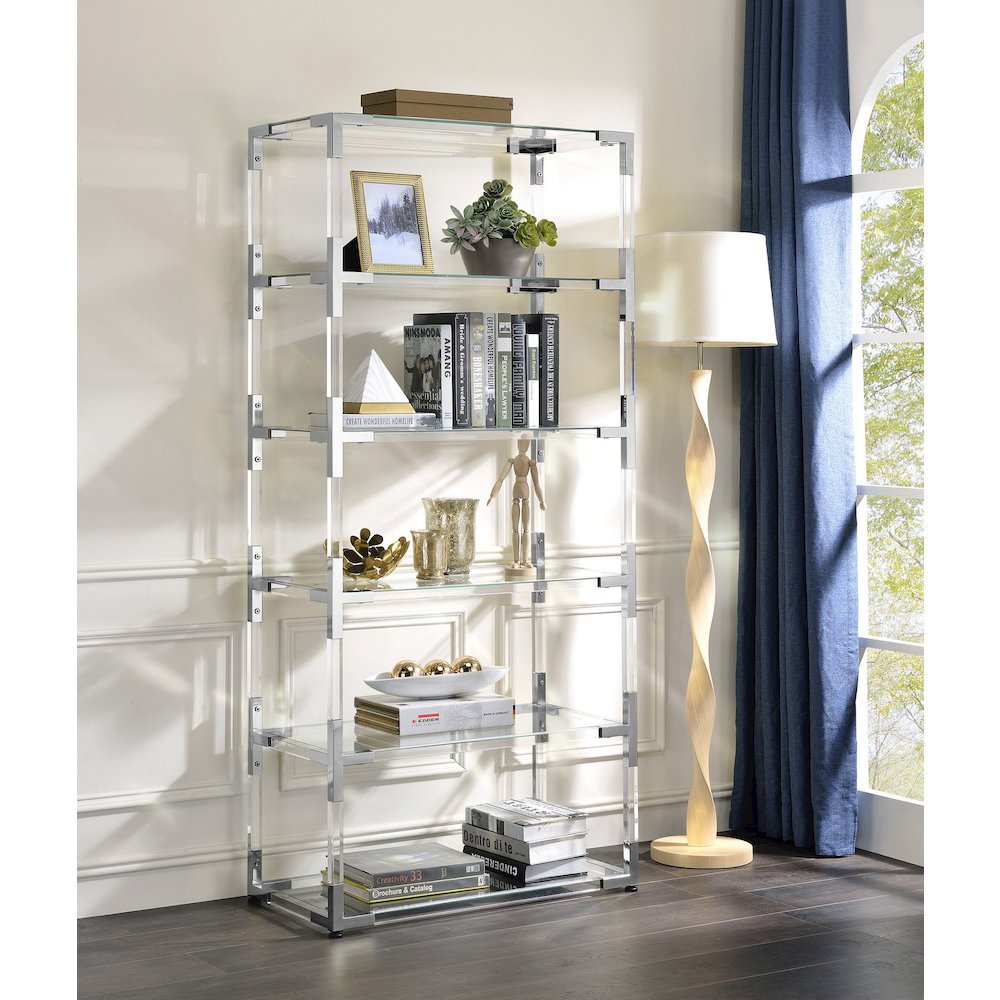 Clear Chrome Lucite Acrylic 70-Inch 6-Shelf Bookcase