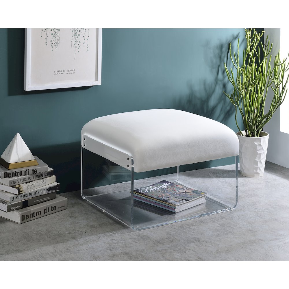 White Lucite Acrylic Padded Square Ottoman Bench Seat