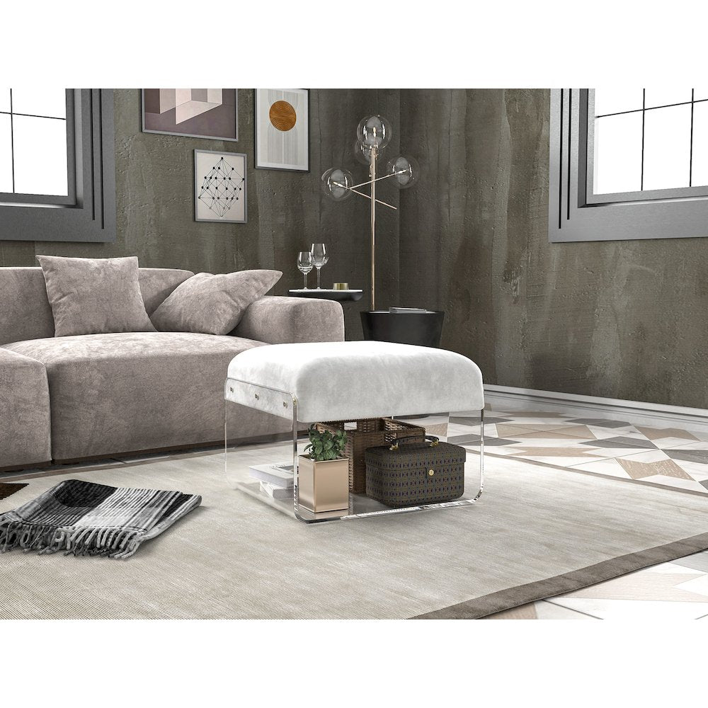 White Lucite Acrylic Padded Square Ottoman Bench Seat